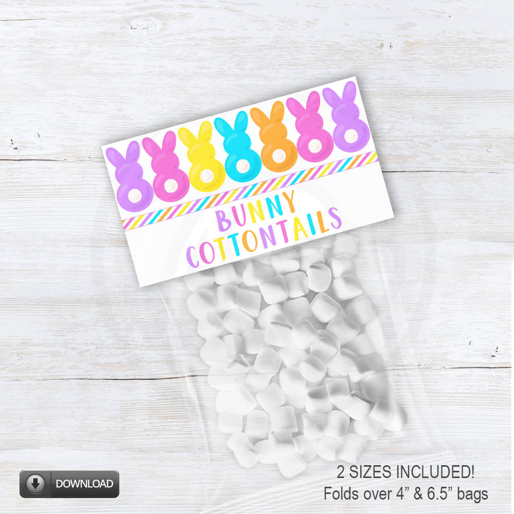 Bunny Cottontails printable Easter treat bag topper with colorful bunny designs for Easter favors