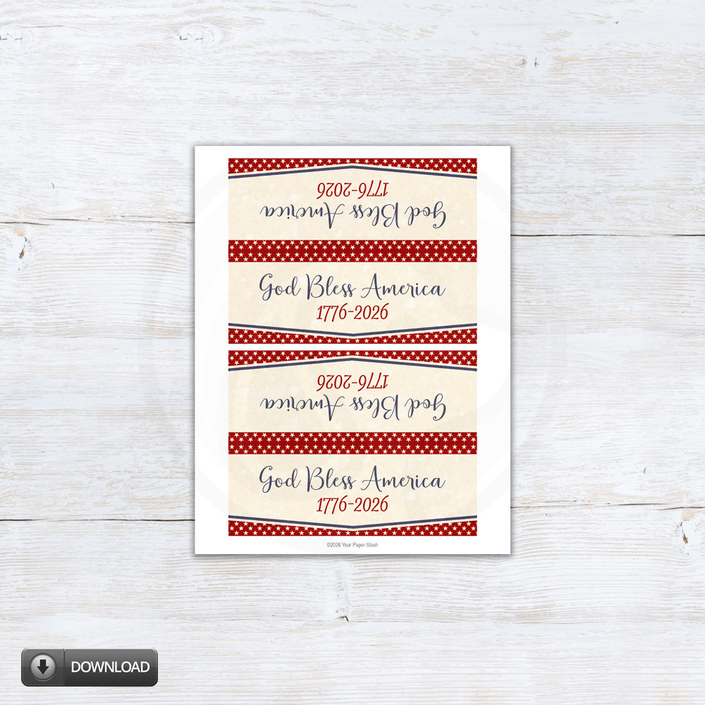 Printable God Bless America patriotic bag topper with 1776-2026 wording for red white and blue candy, treat, and favor bags.