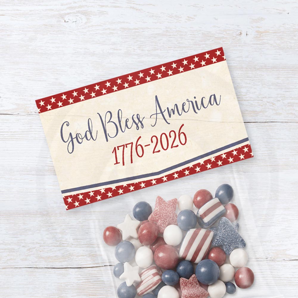 Printable God Bless America patriotic bag topper with 1776-2026 wording for red white and blue candy, treat, and favor bags.