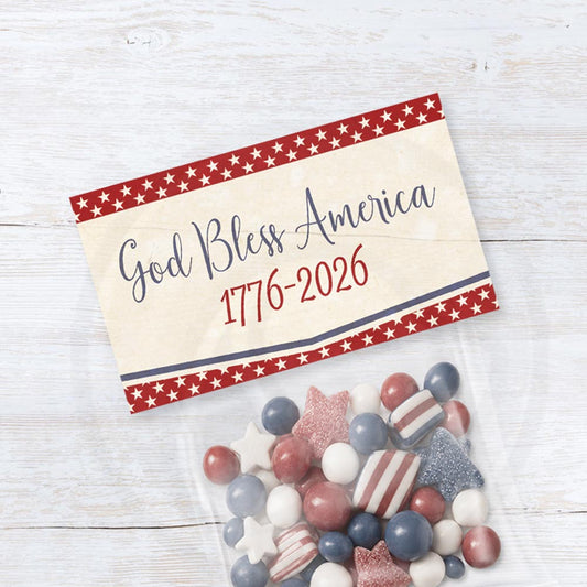 Printable God Bless America patriotic bag topper with 1776-2026 wording for red white and blue candy, treat, and favor bags.