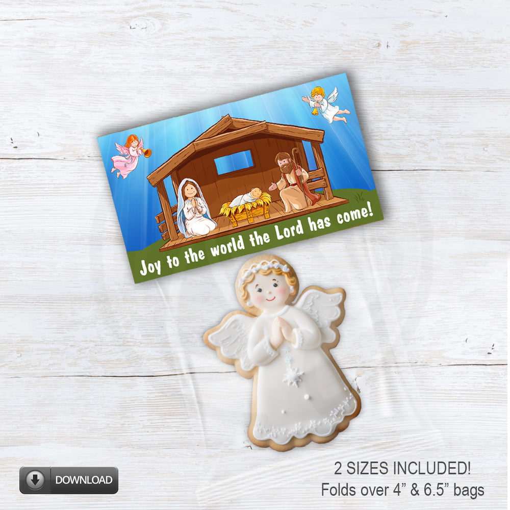 printable joy to the world baby Jesus Mary and Joseph cookie and candy bag toppers for Sunday School and Christmas celebrations