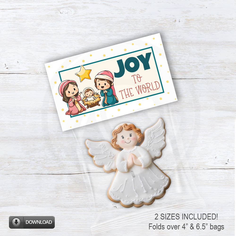 printable Joy to the World treat, candy, and cookie bag toppers for church events, Christian classrooms, or Sunday school. Nativity scene that features Mary, Joseph, and baby Jesus. Instant download item with two sizes included.  yourpaperstash