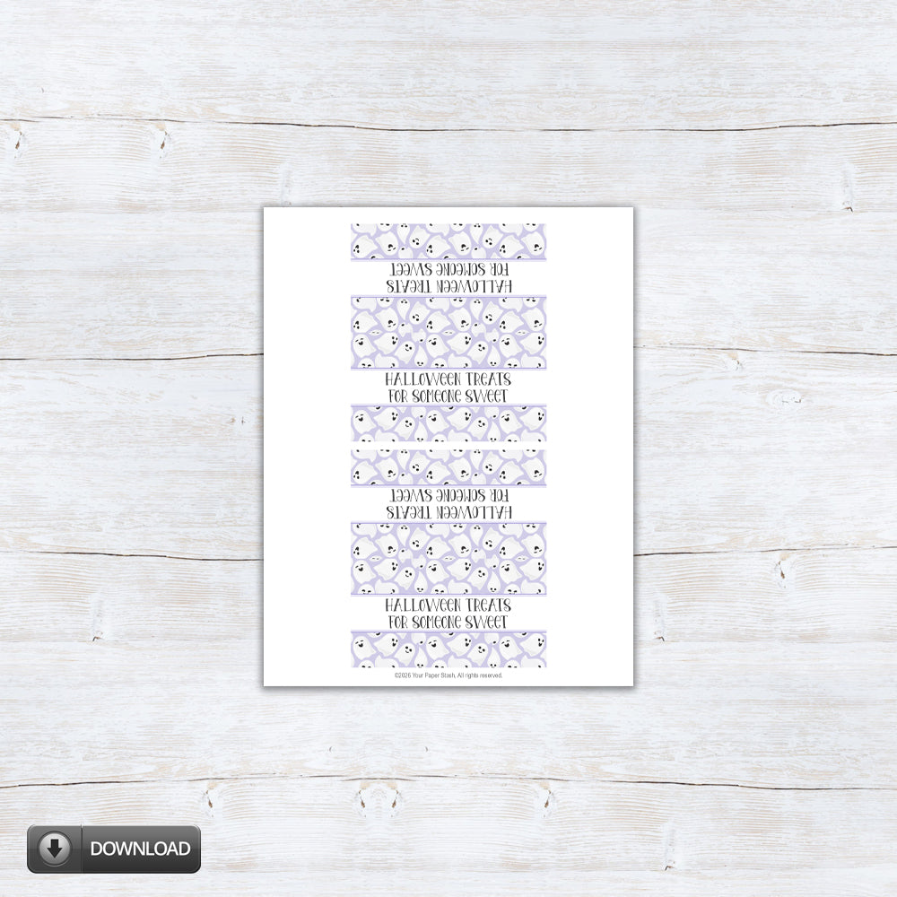Printable lavender Halloween treat bag topper featuring friendly ghosts and the phrase “Halloween Treats for Someone Sweet.”