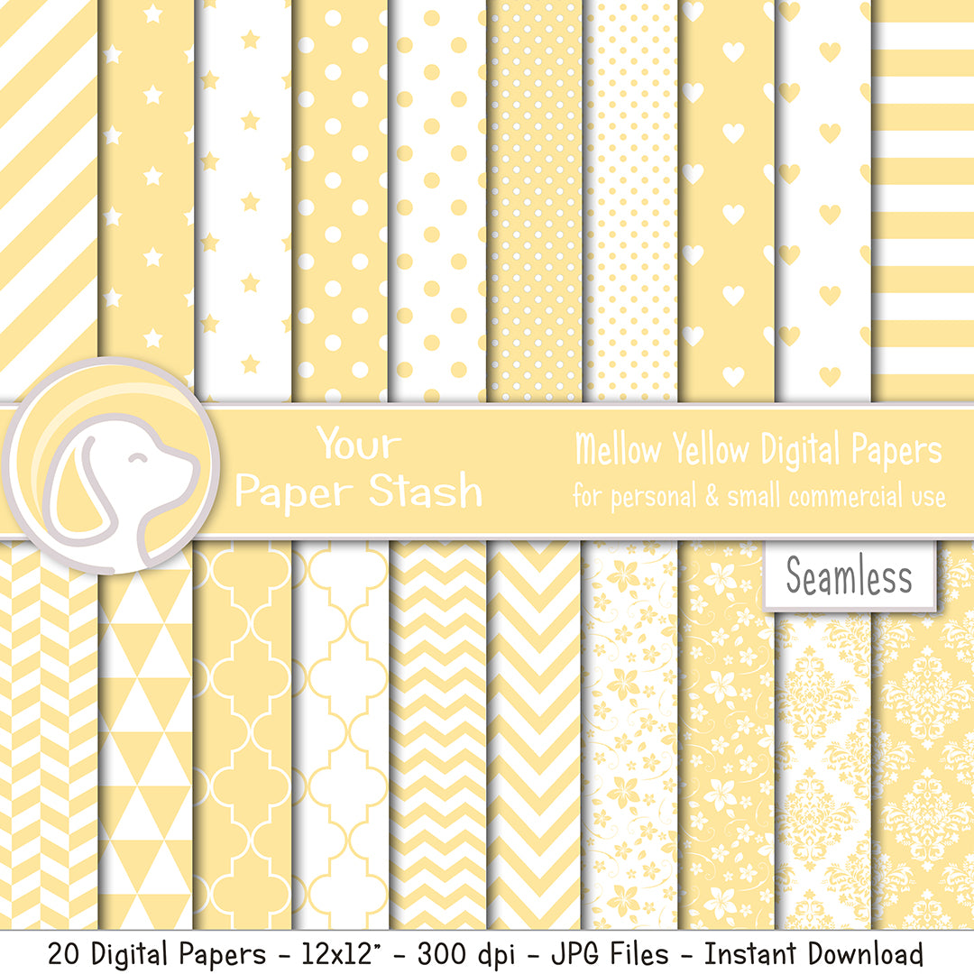 Yellow seamless digital paper with polka dots stripes chevron floral and geometric patterns