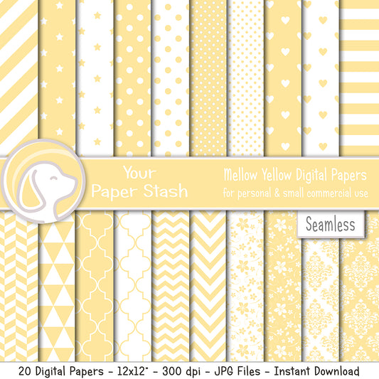 Yellow seamless digital paper with polka dots stripes chevron floral and geometric patterns