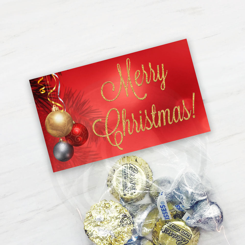 red and gold Merry Christmas treat bag toppers with ornaments and bokeh background - 2 sizes printable download