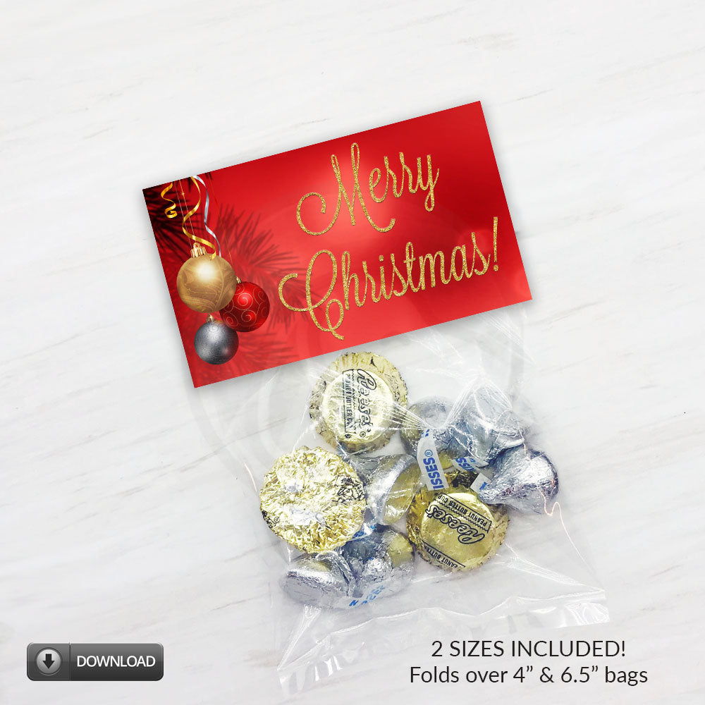 red and gold ornament "Merry Christmas" bag topper printable download 
