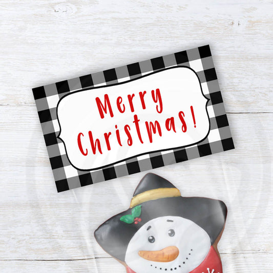 printable Merry Christmas cookie and treat bag toppers with farmhouse buffalo check design