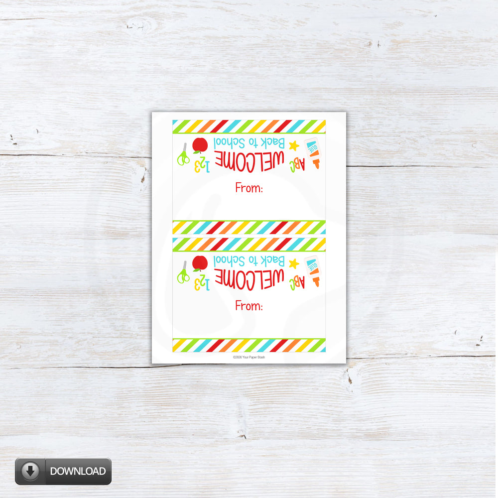 printable back to school treat bag toppers with the words "welcome back to school" and classroom clipart