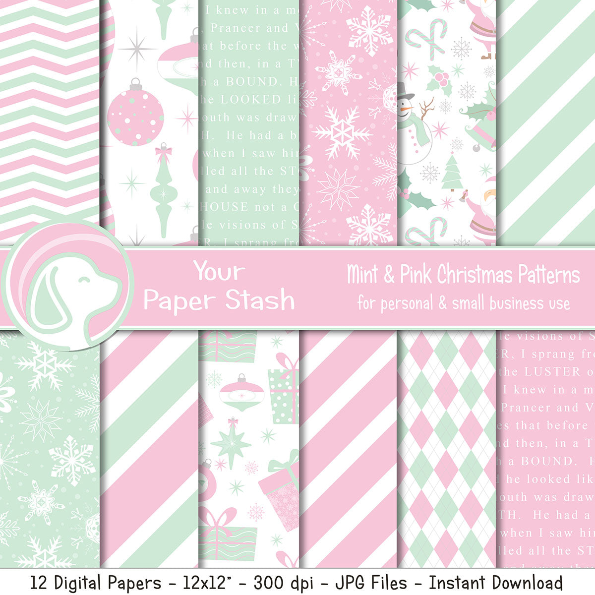 Pastel pink and mint Christmas digital scrapbook papers with ornaments and snowflakes
