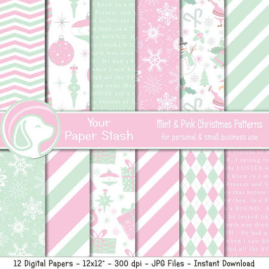 Pastel pink and mint Christmas digital scrapbook papers with ornaments and snowflakes