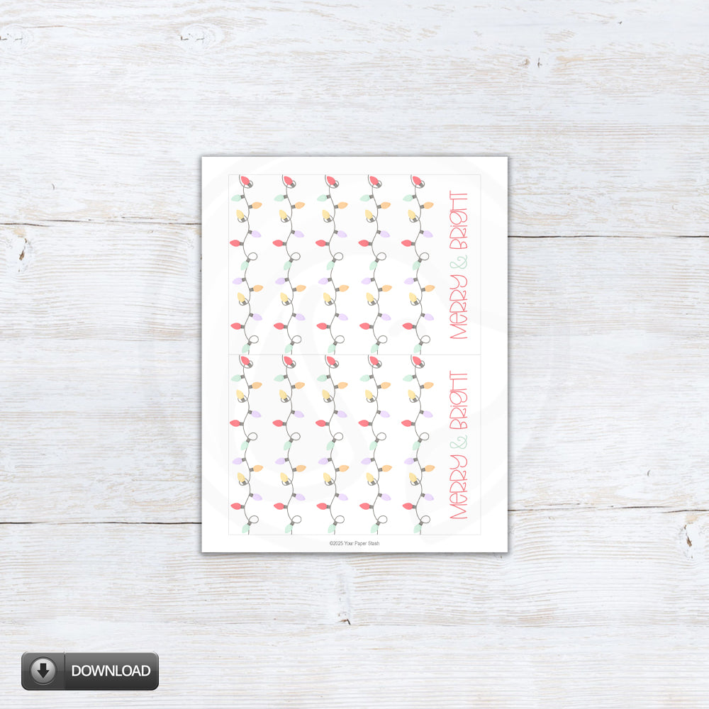 Printable Christmas cookie cards with pastel pink, mint, lavender, yellow, and peach string lights on a white background and “Merry & Bright” text.