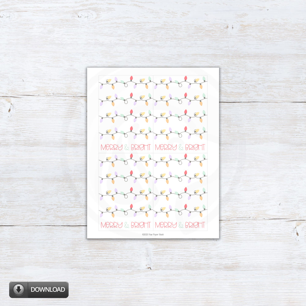 Printable Christmas cookie cards with pastel pink, mint, lavender, yellow, and peach string lights on a white background and “Merry & Bright” text.