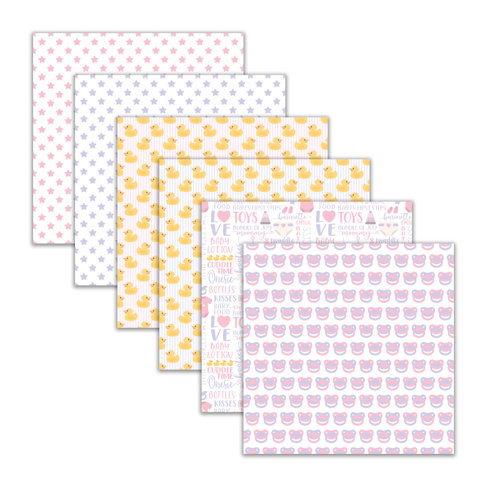 Baby girl seamless digital paper pack with pastel baby bottles ducks hearts stars and footprint patterns
