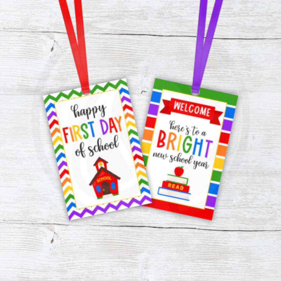 printable back to school gift tags, happy first day of school cookie tags, here's to a bright new school year cookie tags+