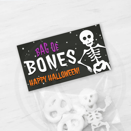 printable halloween bag of bones skeleton treat candy cookie bag toppers, instant download