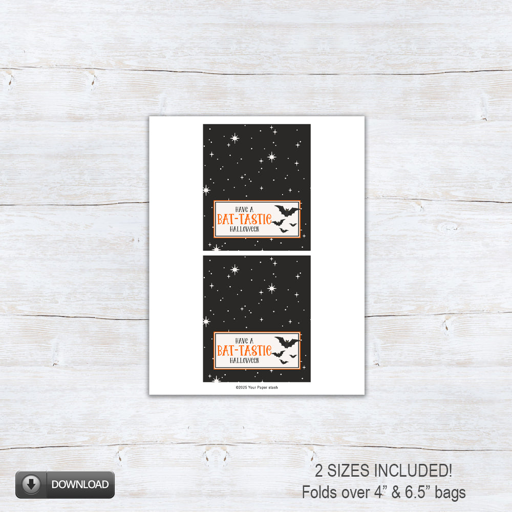Bat-Tastic Halloween treat bag topper printable featuring black bats, orange lettering, and a black starry background.