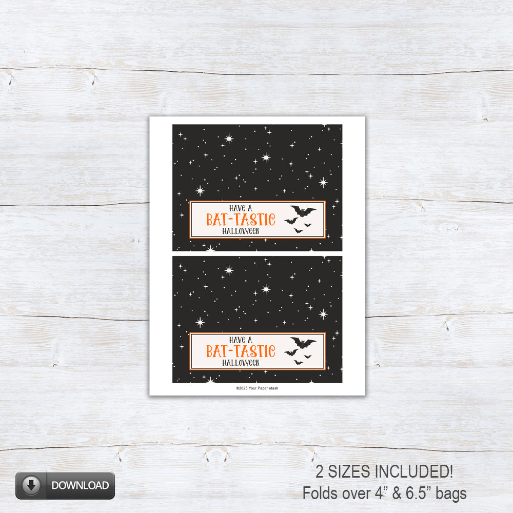 Bat-Tastic Halloween treat bag topper printable featuring black bats, orange lettering, and a black starry background.