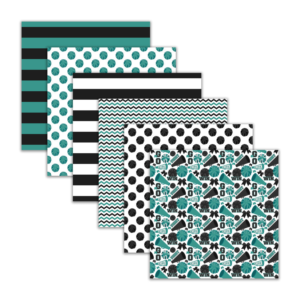 Teal and black cheerleading pom pom seamless pattern digital paper. Cheer bow digital paper in black and teal for scrapbooking
