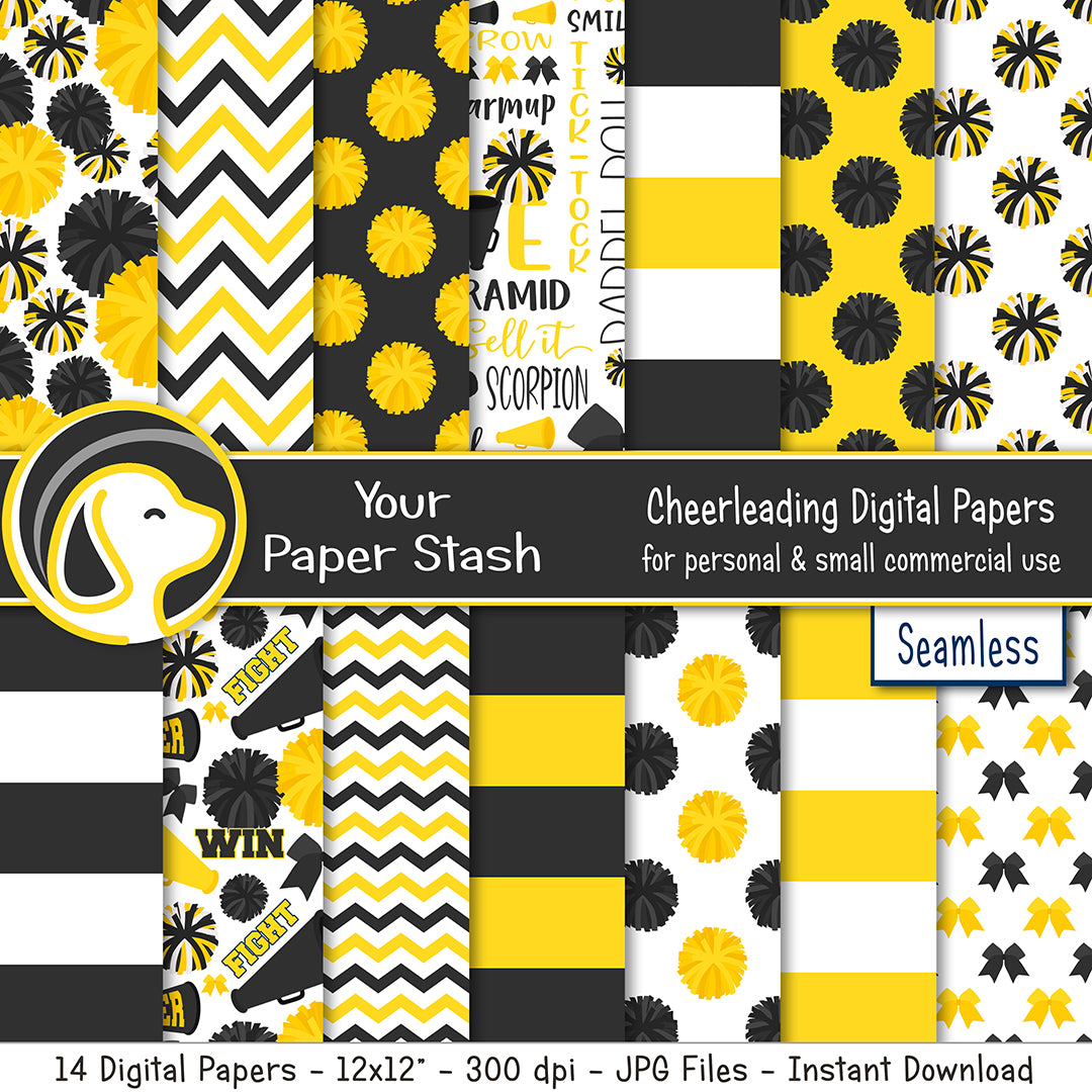 Yellow black and white cheerleading digital paper pack with pom pom, megaphone, bow, stripe, and chevron patterns