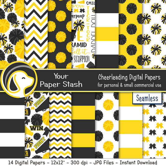 Yellow black and white cheerleading digital paper pack with pom pom, megaphone, bow, stripe, and chevron patterns