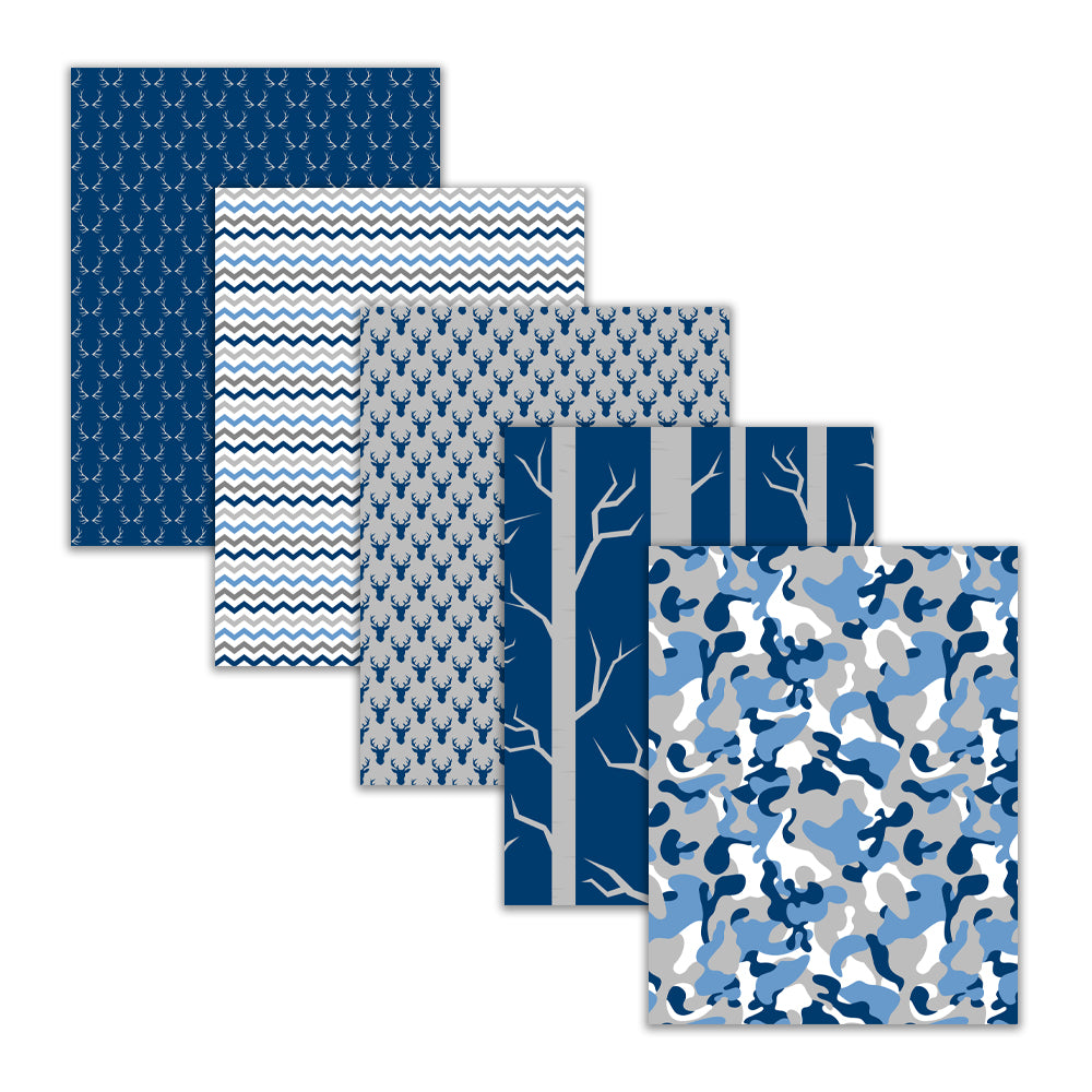 Blue, gray, and white hunting digital paper collection with deer, antlers, arrows, camouflage, striped, and chevron patterns.