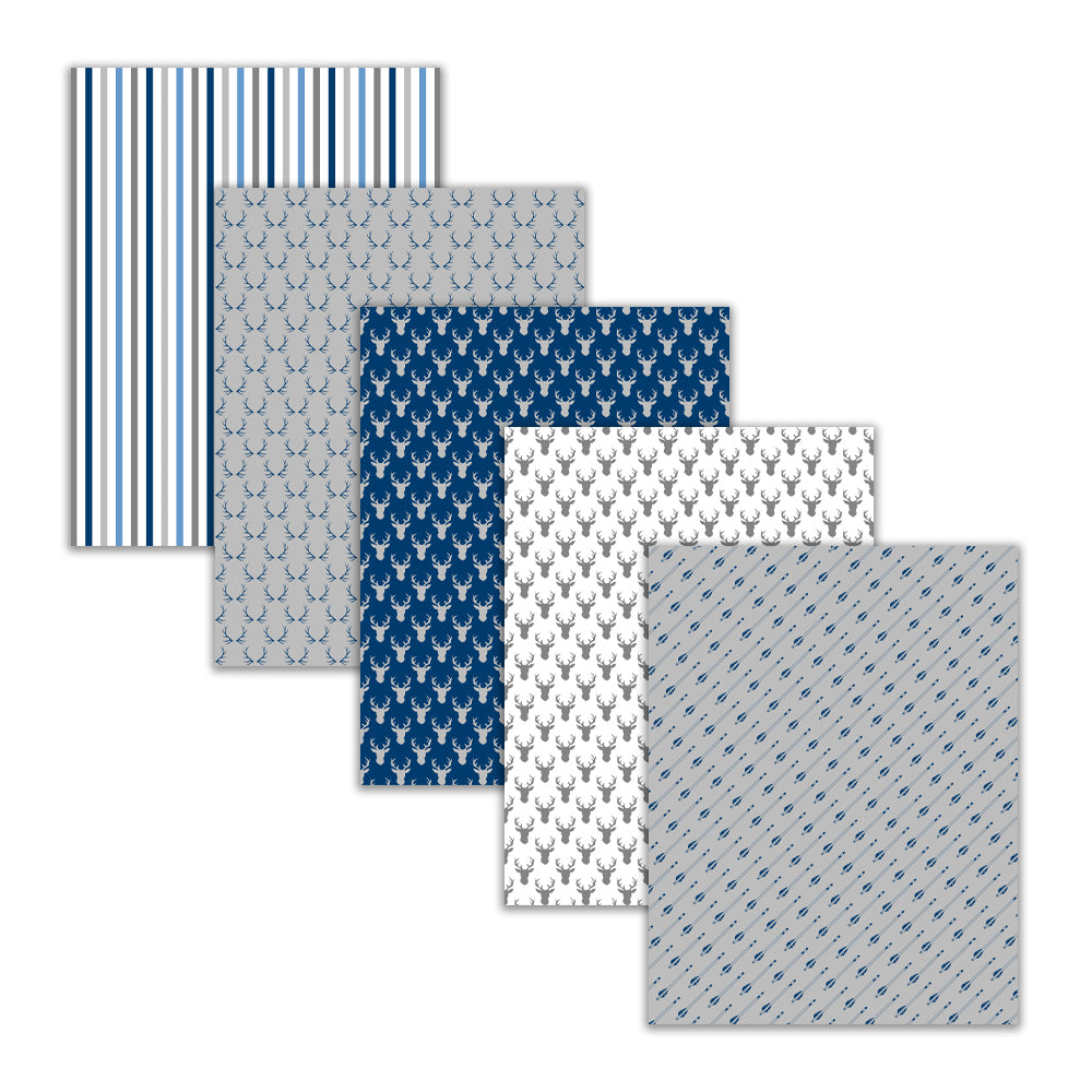 Blue, gray, and white hunting digital paper collection with deer, antlers, arrows, camouflage, striped, and chevron patterns.