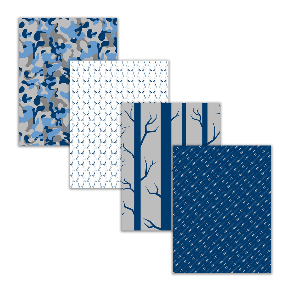 Blue, gray, and white hunting digital paper collection with deer, antlers, arrows, camouflage, striped, and chevron patterns.