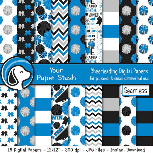 seamless cheerleader digital scrapbook papers and backgrounds in blue gray black, pom-pom backgrounds