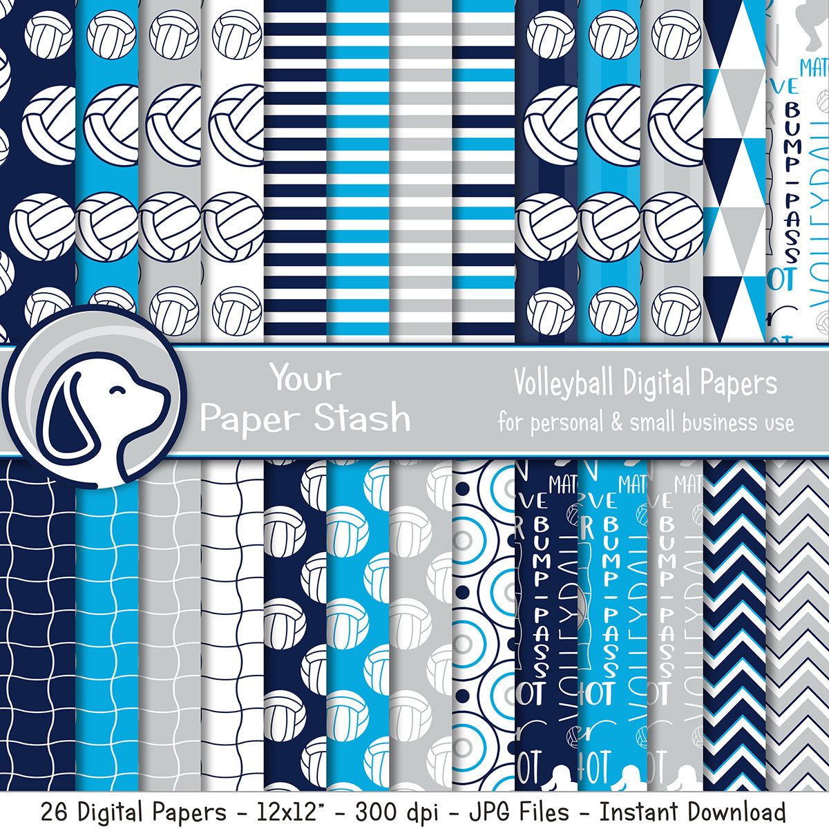 Volleyball digital paper pack with volleyball patterns and blue sports themed scrapbook backgrounds