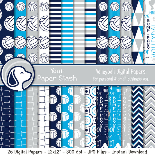Volleyball digital paper pack with volleyball patterns and blue sports themed scrapbook backgrounds