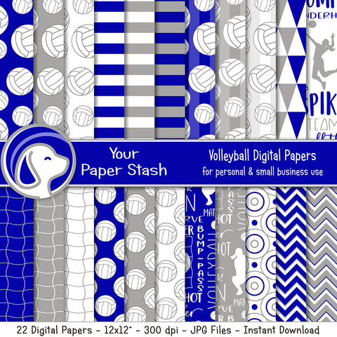 seamless volleyball digital scrapbook paper background patterns in royal blue and gray