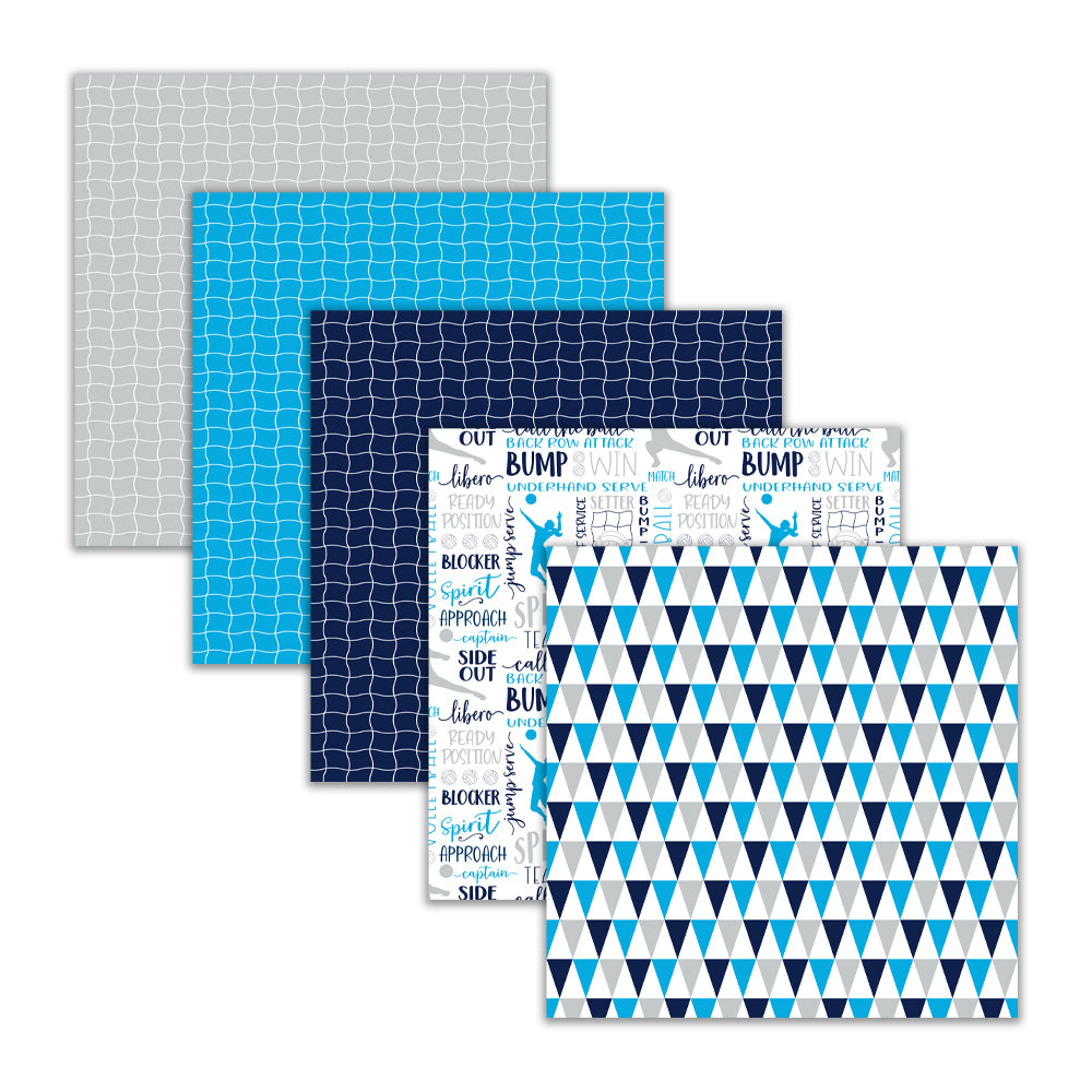 Volleyball digital paper pack with volleyball patterns and blue sports themed scrapbook backgrounds