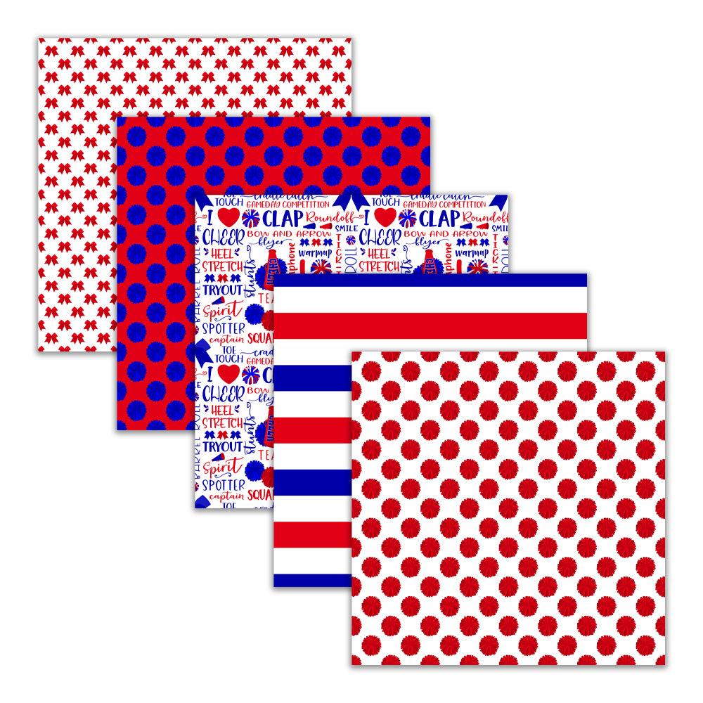 Red and blue cheerleading digital paper pack with pom pom, bow, megaphone, stripe, and chevron patterns
