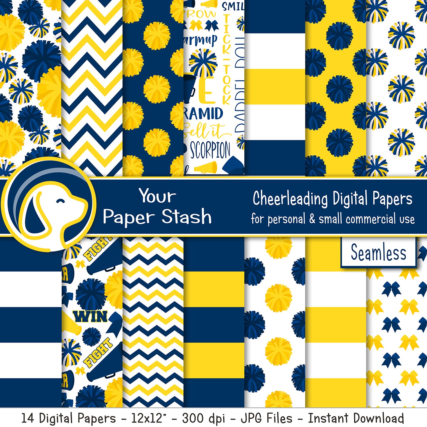 seamless blue and yellow cheerleader digital scrapbook papers and patterns with pom-pom cheer bow megaphone stripes chevrons and word collage designs. instant download 14 digital papers included