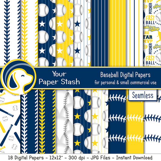 navy blue yellow seamless baseball digital paper patterns instant download