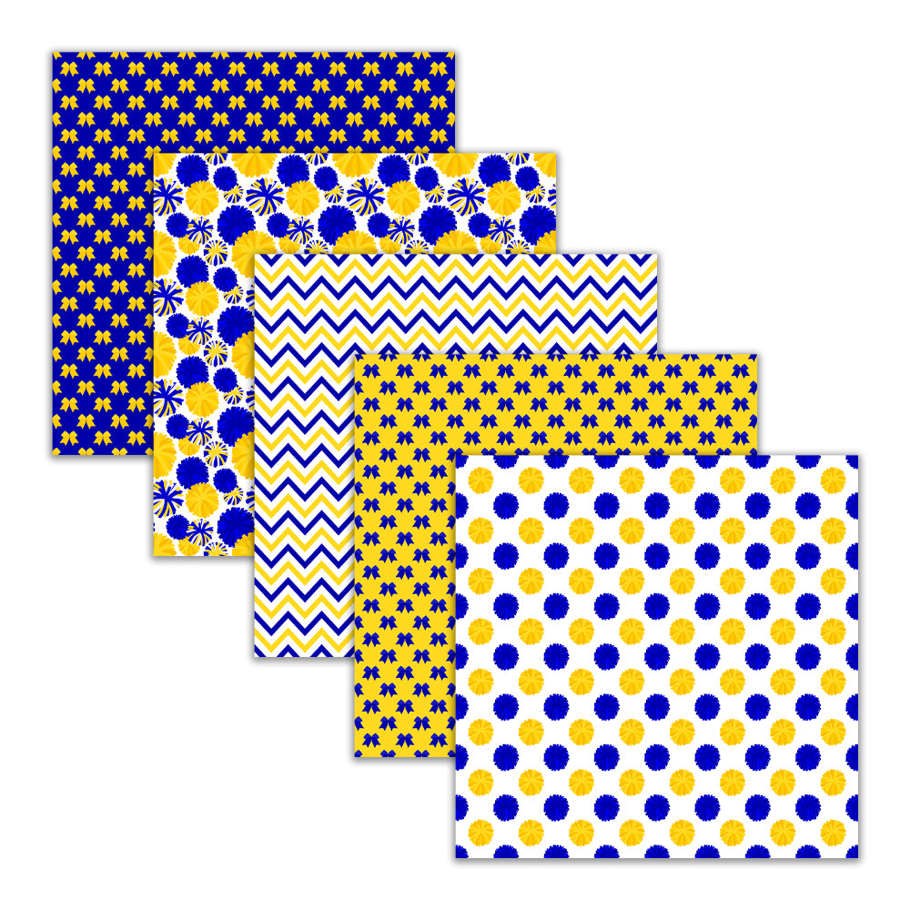 royal blue and yellow cheerleader digital scrapbook papers. Pom-pom megaphone stripe and chevron patterns