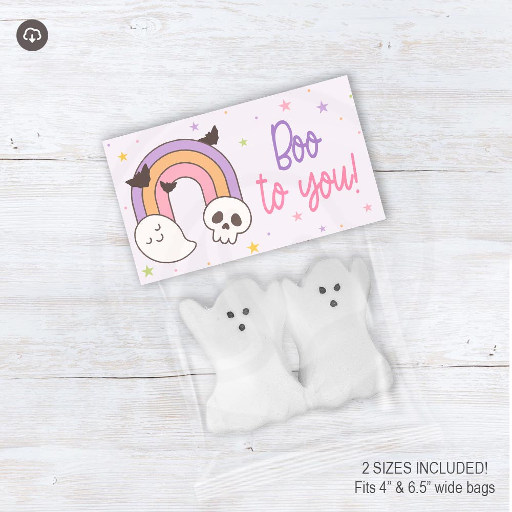Pastel Boo to You Halloween treat bag topper with a rainbow, cute ghost, skull, flying bats, and colorful stars.