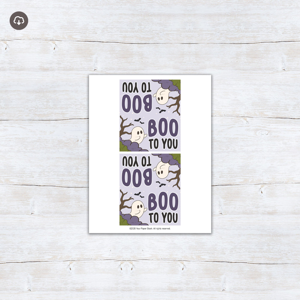 Small printable ghost treat bag toppers with Boo to You lettering and muted Halloween colors.