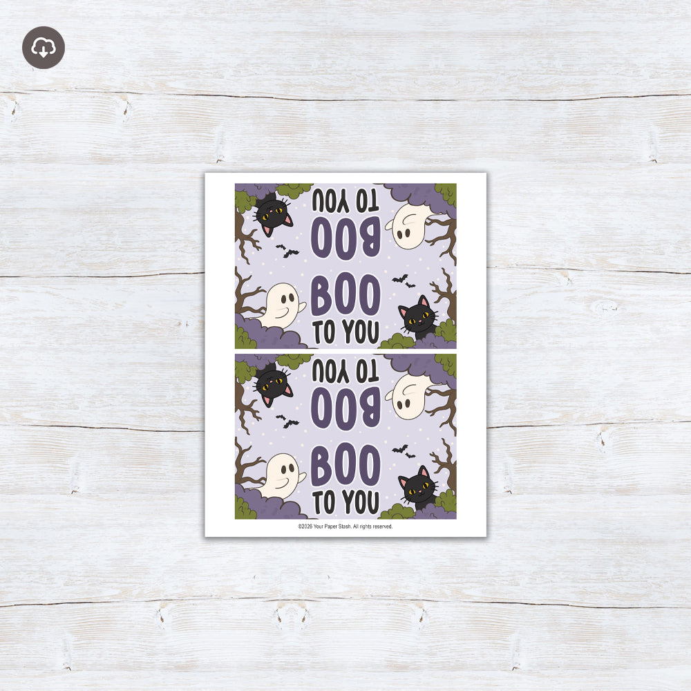 Large Boo to You Halloween treat bag toppers featuring friendly ghosts, black cats, bats, and spooky trees.