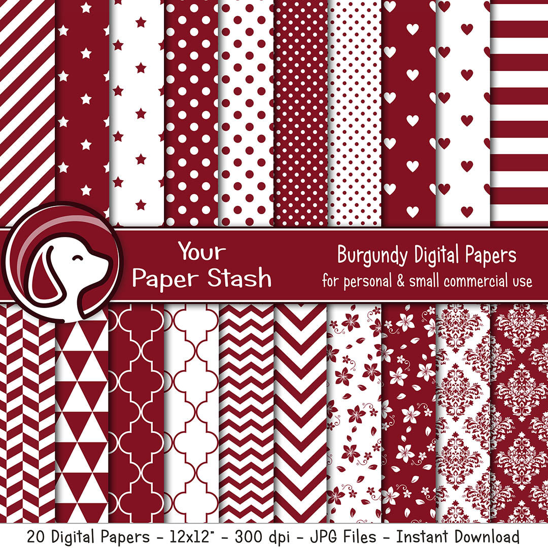 Burgundy red and white digital paper pack with polka dots, stripes, chevron, stars, floral, and geometric patterns