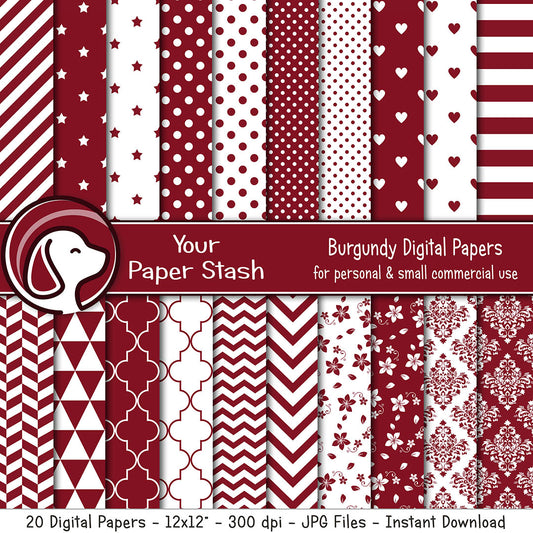Burgundy red and white digital paper pack with polka dots, stripes, chevron, stars, floral, and geometric patterns