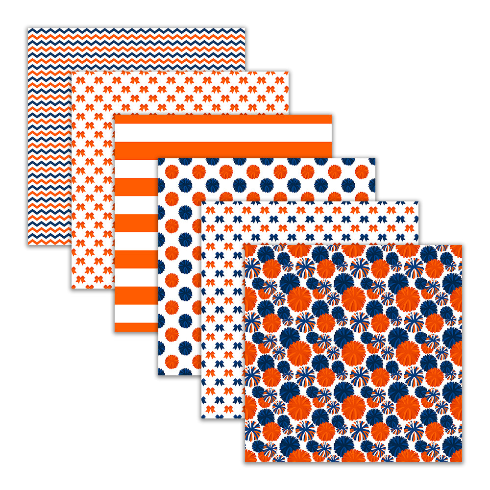 orange and blue pom pom and hair bow cheer seamless digital pattern paper