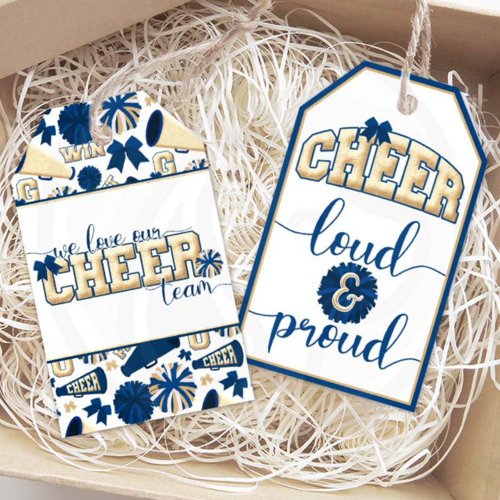 navy blue gold foil cheerleader gift tags