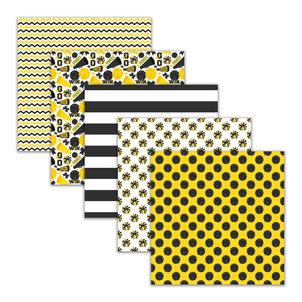 Yellow black and white cheerleading digital paper pack with pom pom, megaphone, bow, stripe, and chevron patterns