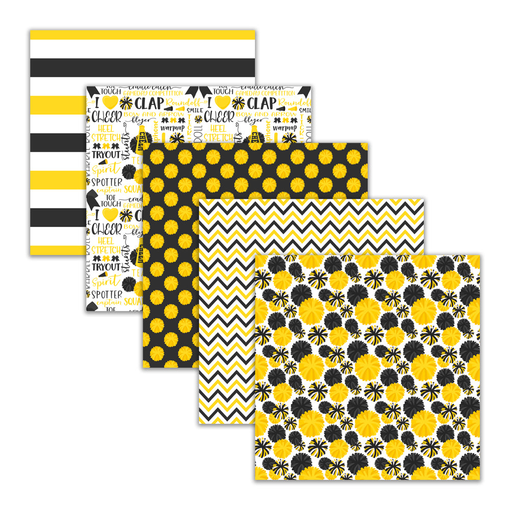Yellow black and white cheerleading digital paper pack with pom pom, megaphone, bow, stripe, and chevron patterns