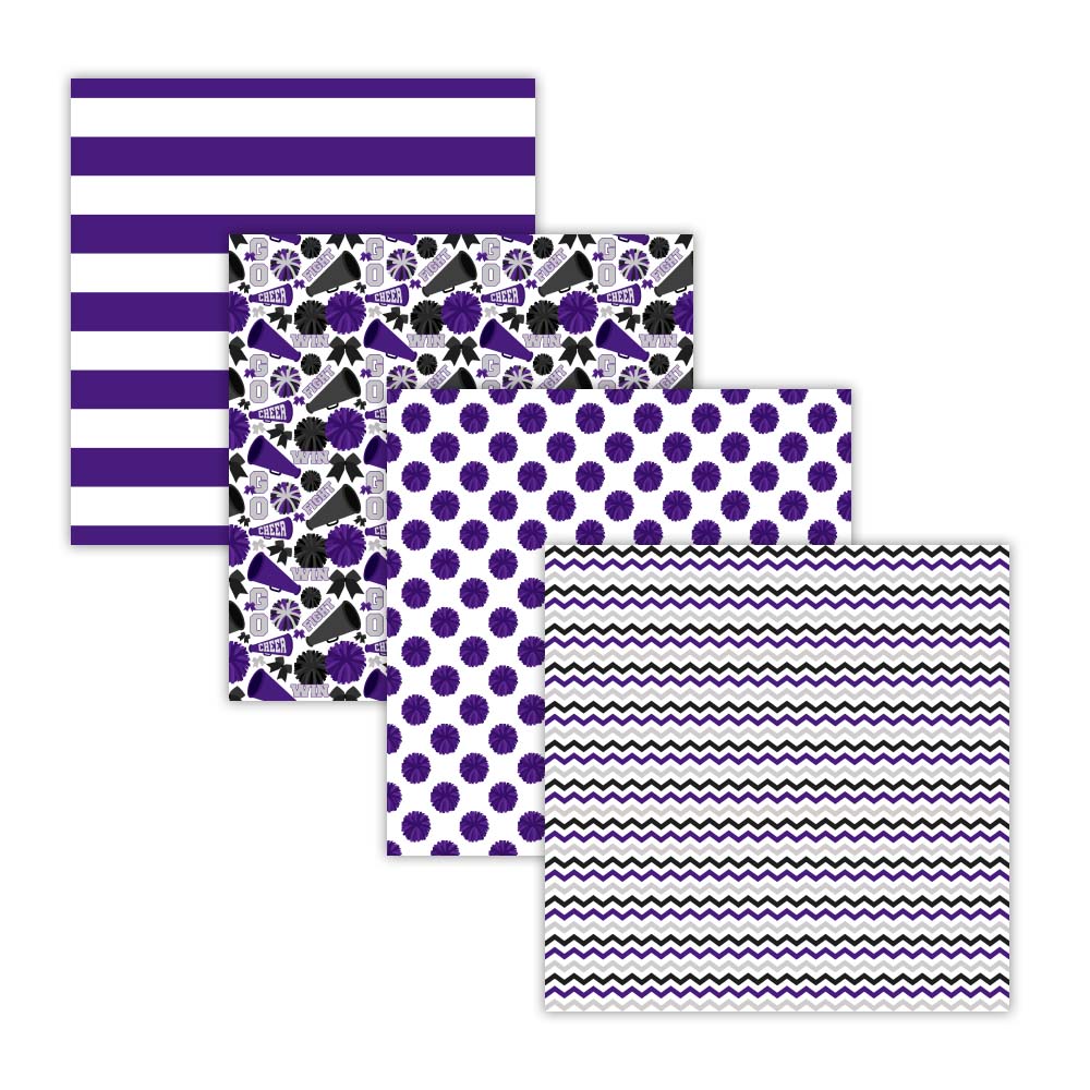 Purple and black cheerleader seamless digital scrapbook papers with pom-pom megaphone bow stripe and chevron designs 12x12