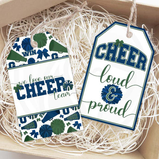 printable navy and fores green cheer team gift tags