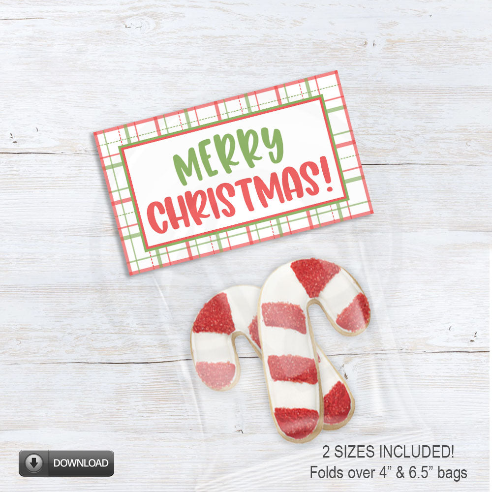 Merry Christmas red and green plaid cookie and treat bag toppers printable download with 2 sizes