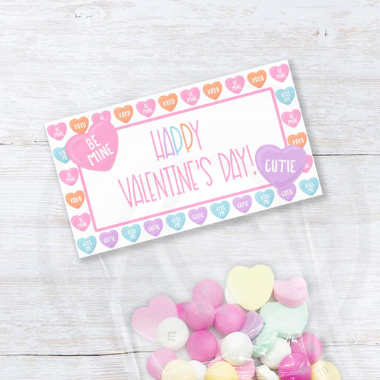 printable Happy Valentine's Day conversation heart bag toppers for cookies and candy bags